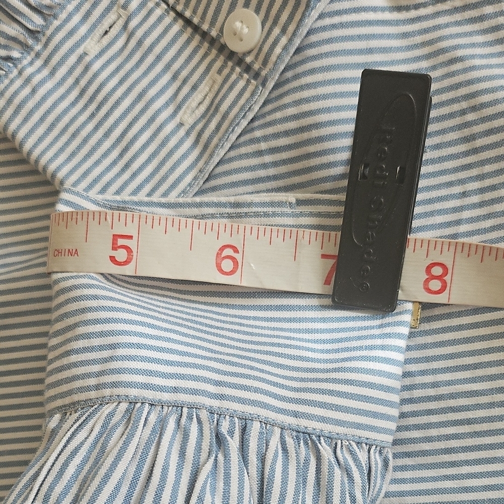 Navy Striped Women's Blouse with Ruffle Detail - Picture 9 of 11